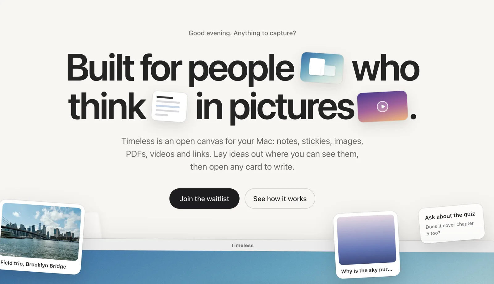 Built for people who think in pictures: the Timeless home page
